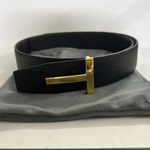 Tom Ford Black Leather Belt with Gold T Buckle - Textured Strap